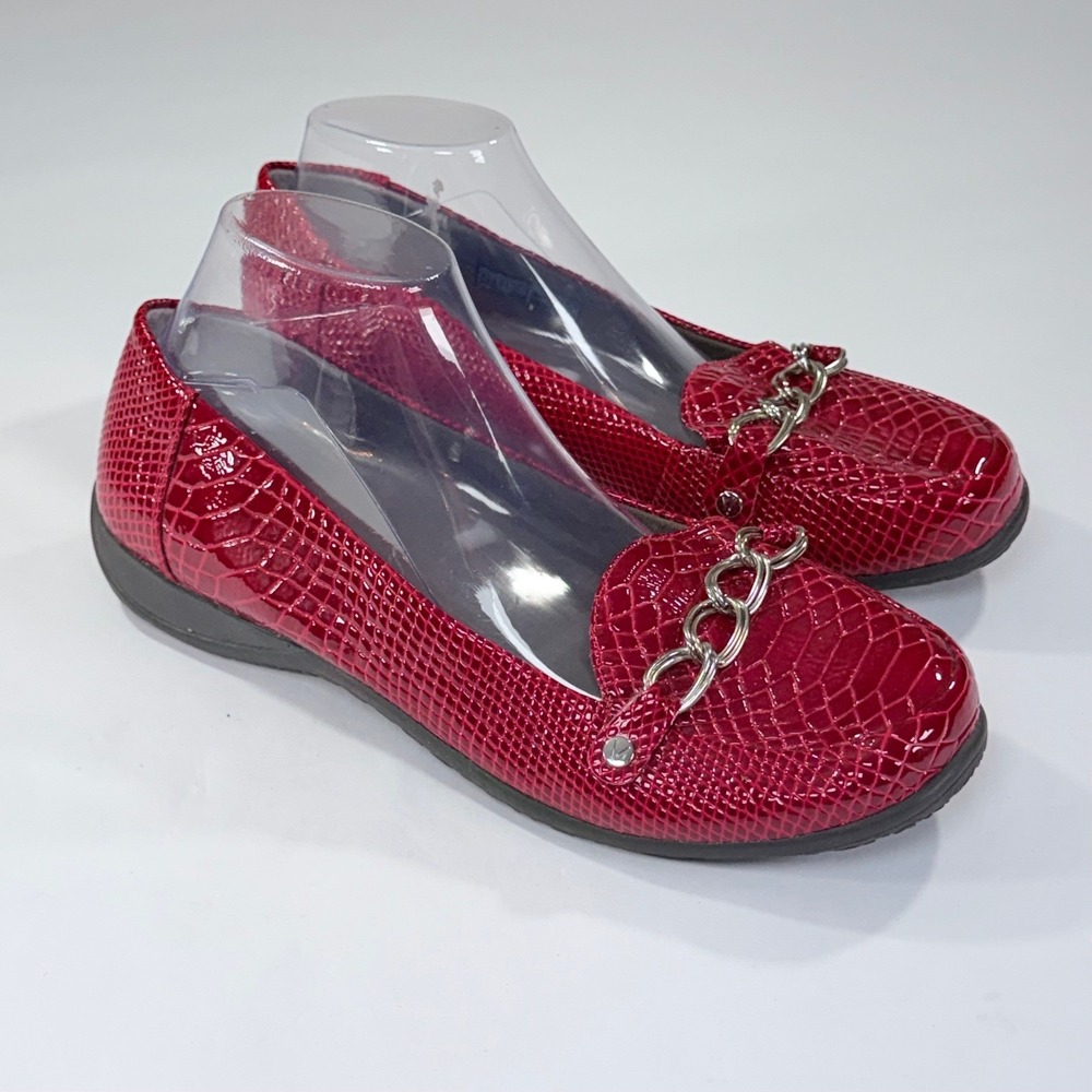 NEW Vionic Alda Flats Womens 11W Red Croc Embossed Patent Leather Chain Comfort
